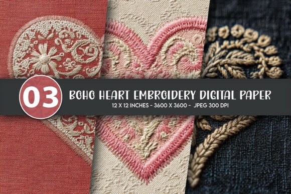 Boho Heart Embroidery Digital Paper