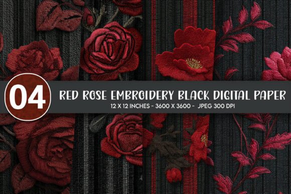 Red Rose Embroidery Black Digital Paper Review